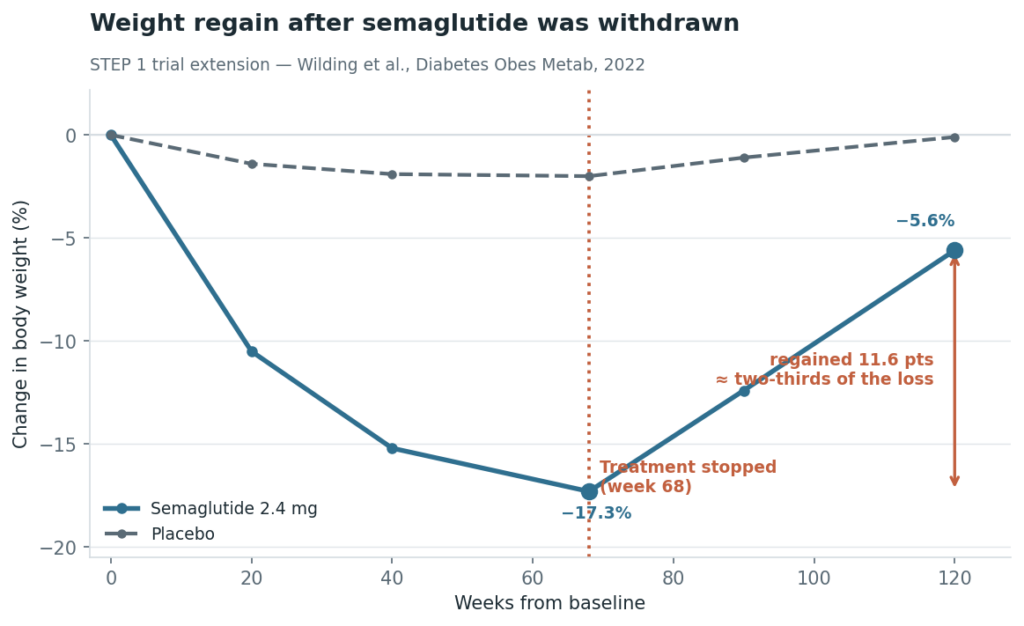 Line chart showing weight regain after semaglutide was withdrawn in the STEP 1 trial extension, with about two-thirds of lost weight returning.